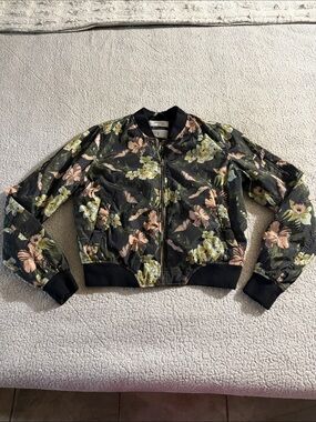 Candida Premium Floral-Print Black Bomber Jacket with Pink & Green Blooms Small